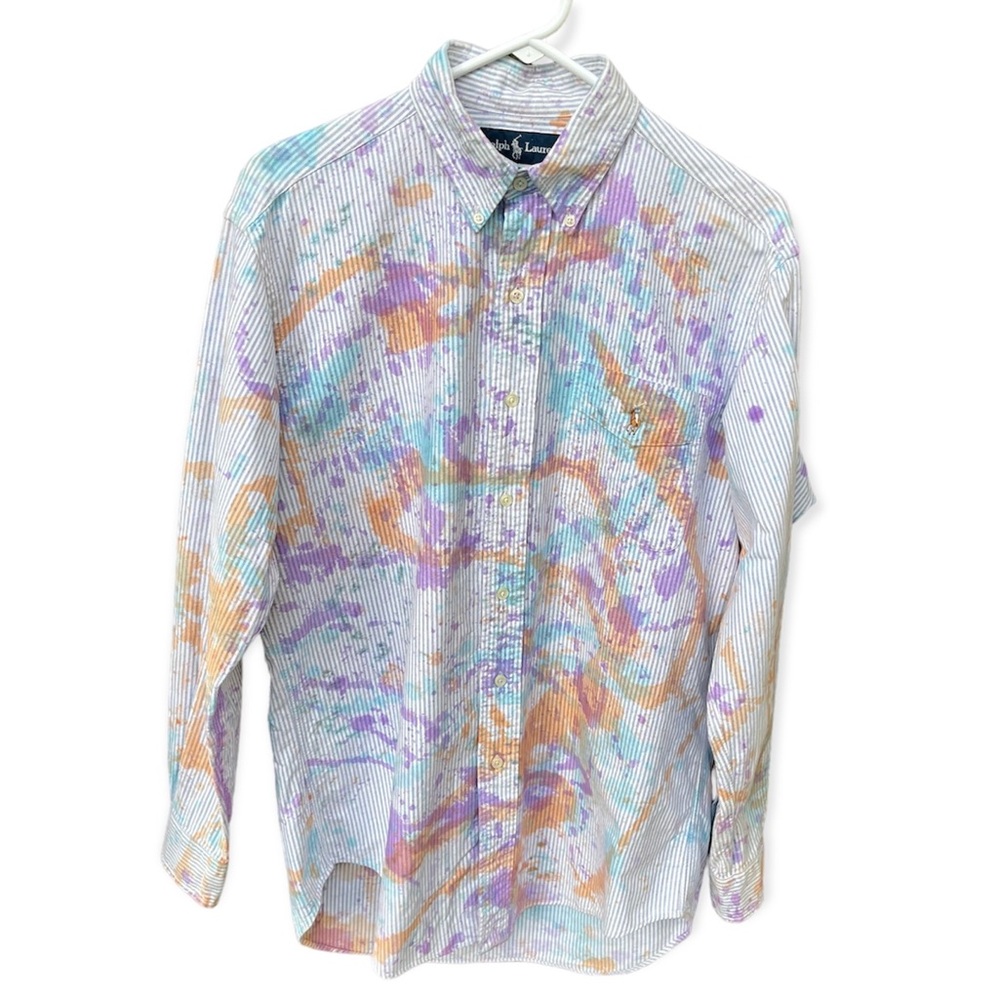 Ralph Lauren Men’s Classic Fit Pinstripe Paint Splattered Button Down Shirt Sz S